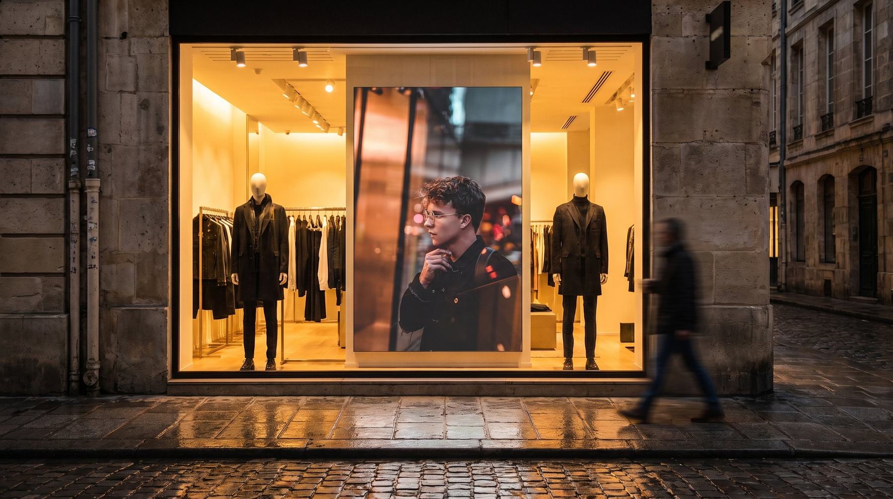 Retrato de moda como afiche en la vidriera de una tienda